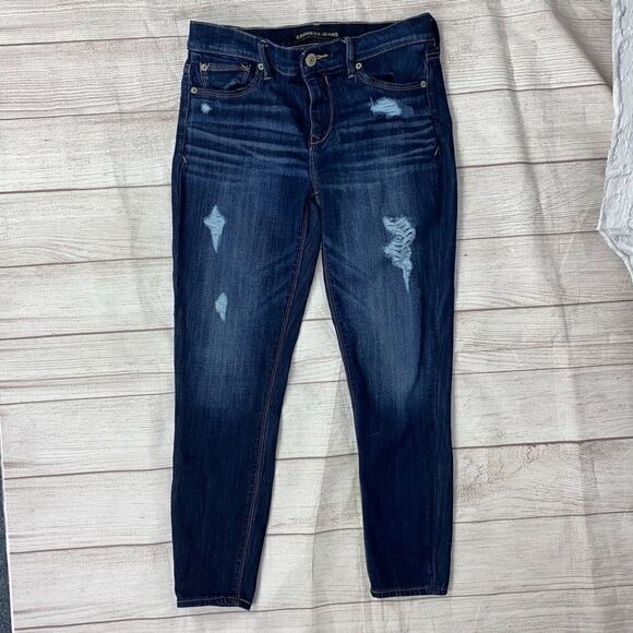 Express women 8 cotton blend mid rise distressed cropped legging blue - Picture 1 of 10
